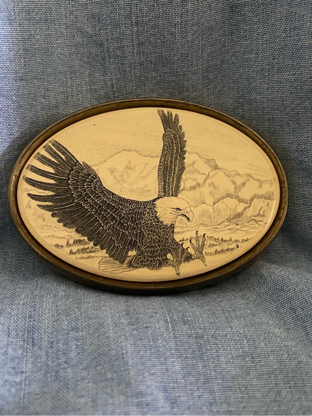 1970’s Barlow Solid Brass (Engraved Artwork) Flying Bald Eagle Oval Belt Buckle